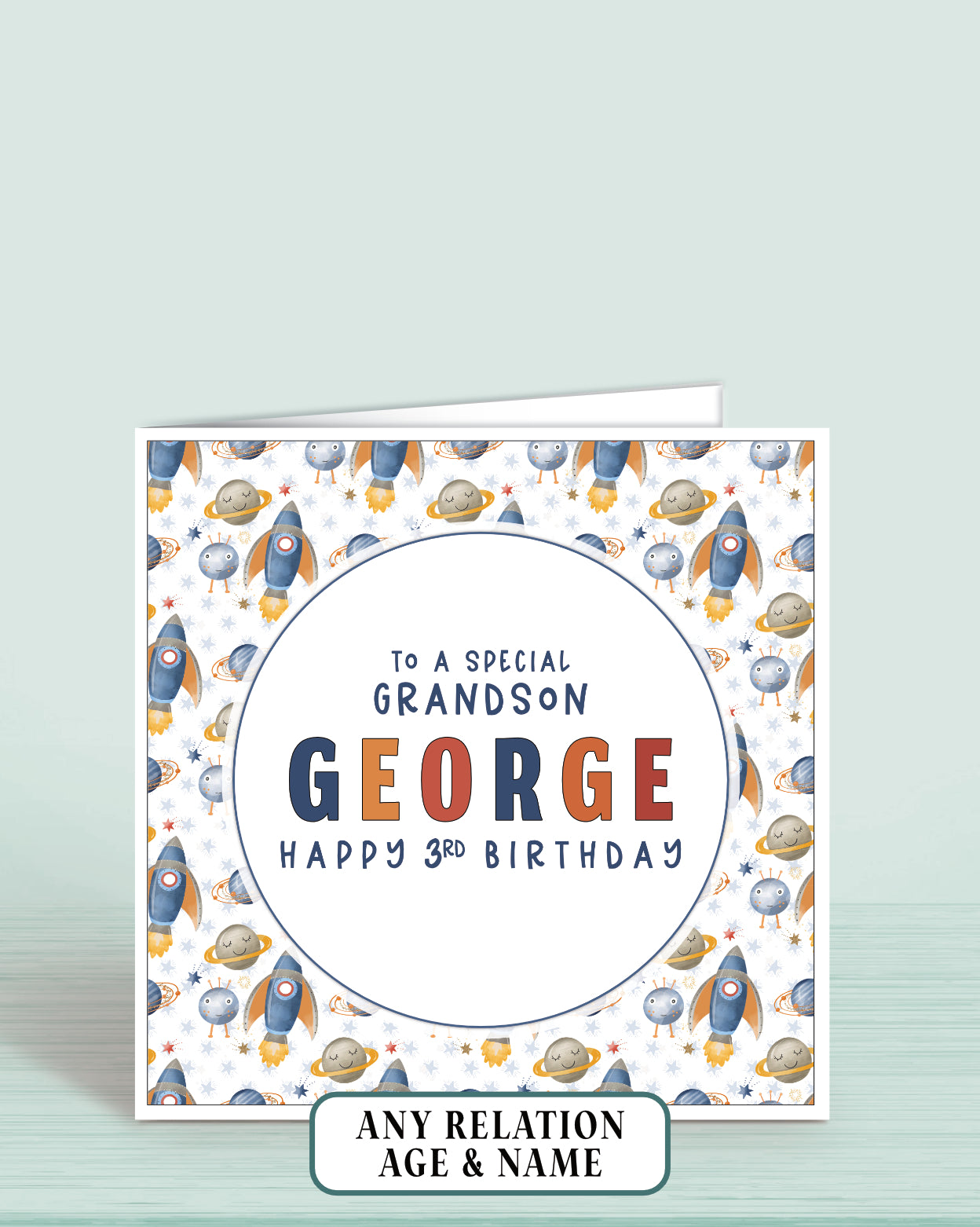 Personalised birthday card for Grandson with space-themed rocket design and text reading: To a Special Grandson [NAME] Happy 3rd Birthday