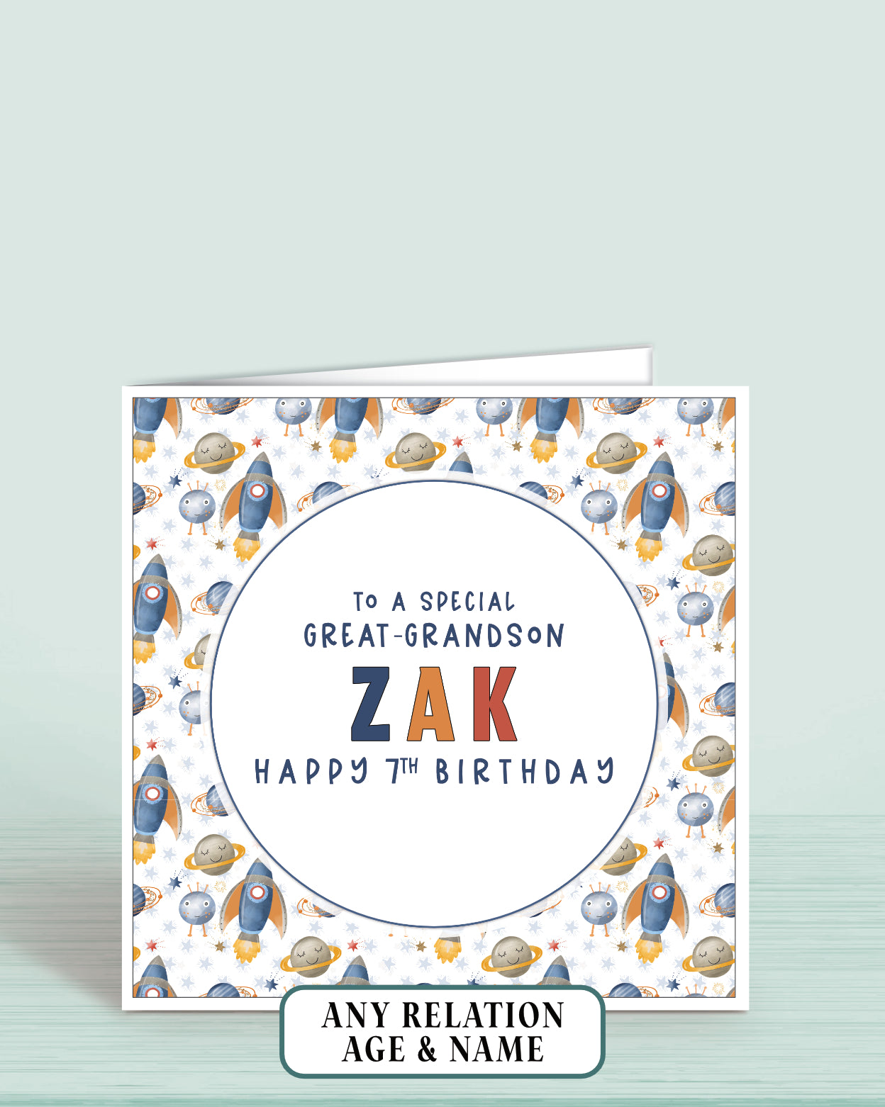 Personalised birthday card for Great-Grandson with space-themed rocket design and text reading: To a Special Great-Grandson [NAME] Happy 7th Birthday
