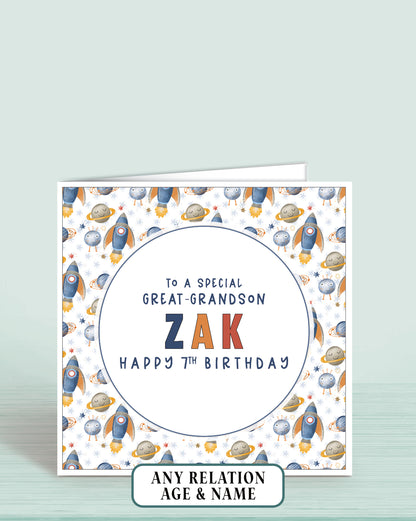 Personalised birthday card for Great-Grandson with space-themed rocket design and text reading: To a Special Great-Grandson [NAME] Happy 7th Birthday