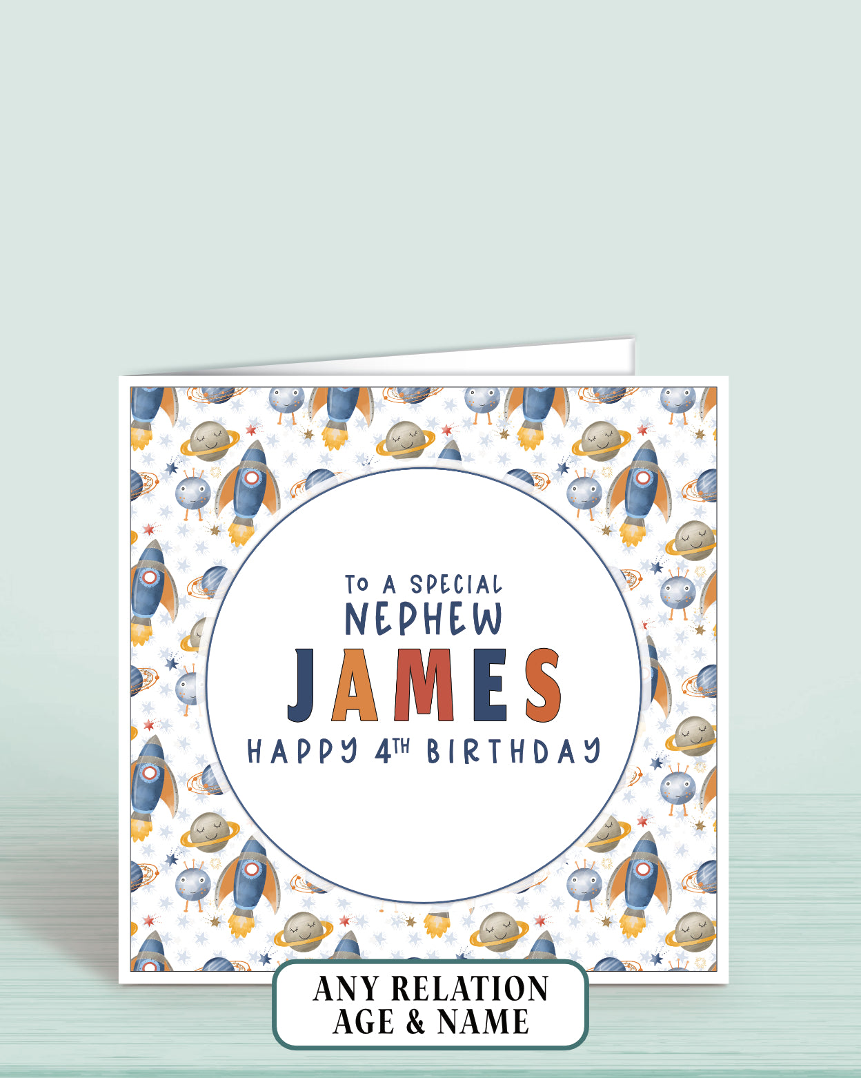 Personalised birthday card for Nephew with space-themed rocket design and text reading: To a Special Nephew [NAME] Happy 4th Birthday