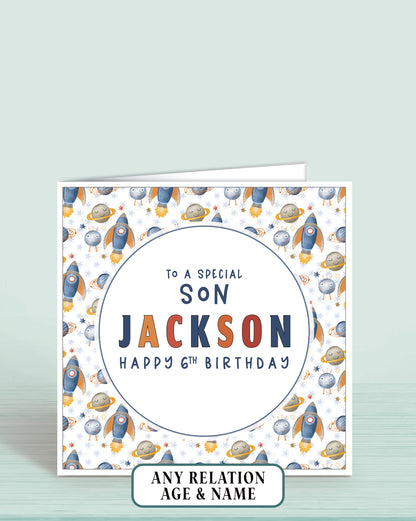 Personalised birthday card for Son with space-themed rocket design and text reading: To a Special Son [NAME] Happy 6th Birthday