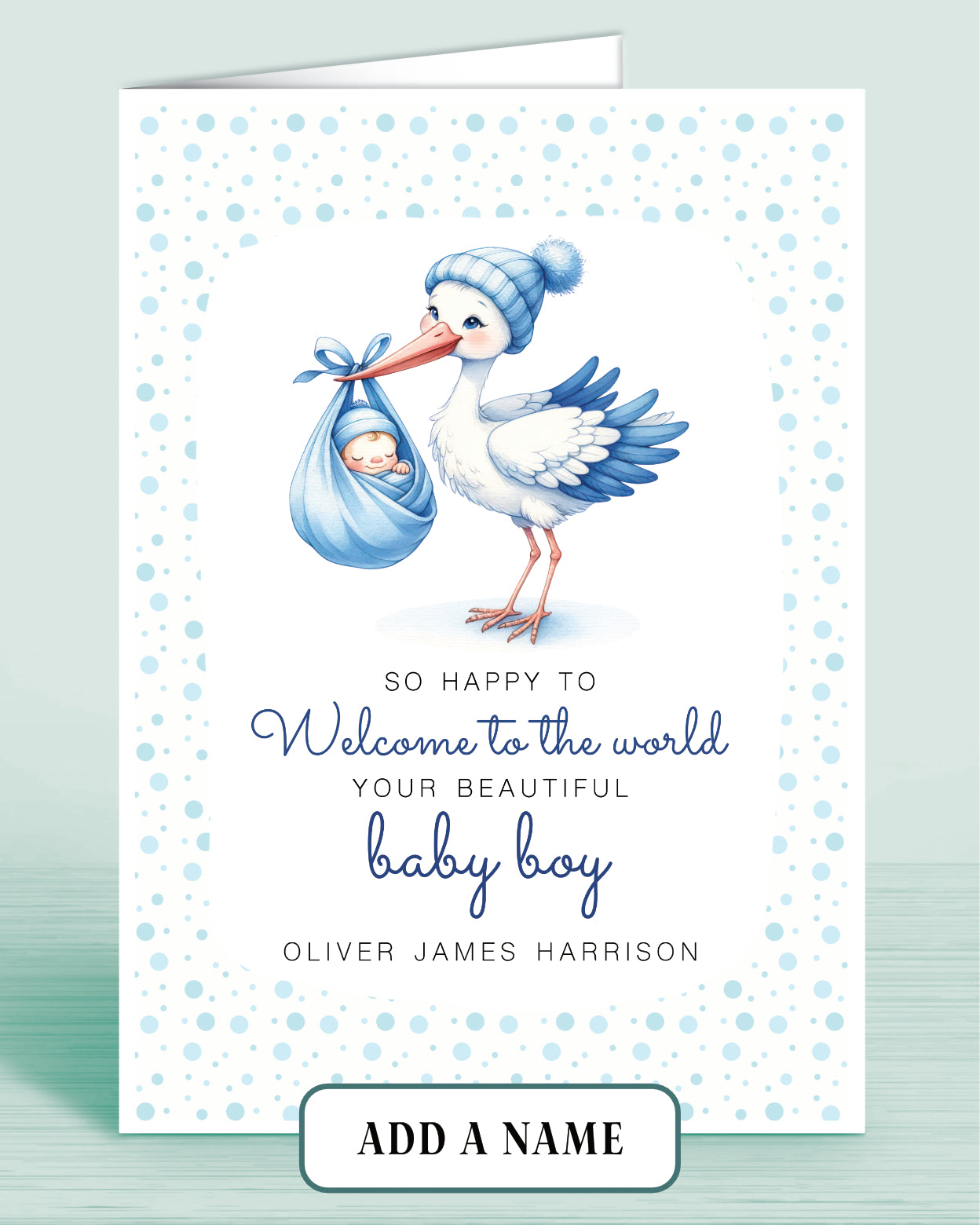Newborn Baby Boy Congratulations Card, Personalised with Name, Blue Stork Design Welcome to the world | Oliver Rose Designs