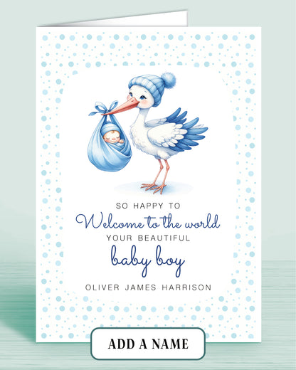Newborn Baby Boy Congratulations Card, Personalised with Name, Blue Stork Design Welcome to the world | Oliver Rose Designs