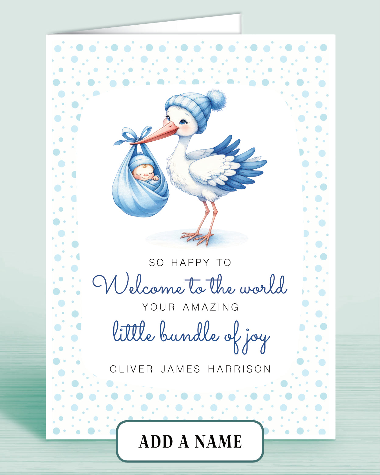 Newborn Baby Boy 'Bundle of Joy' Card, Personalised with Name, Blue Stork Design Welcome to the world | Oliver Rose Designs