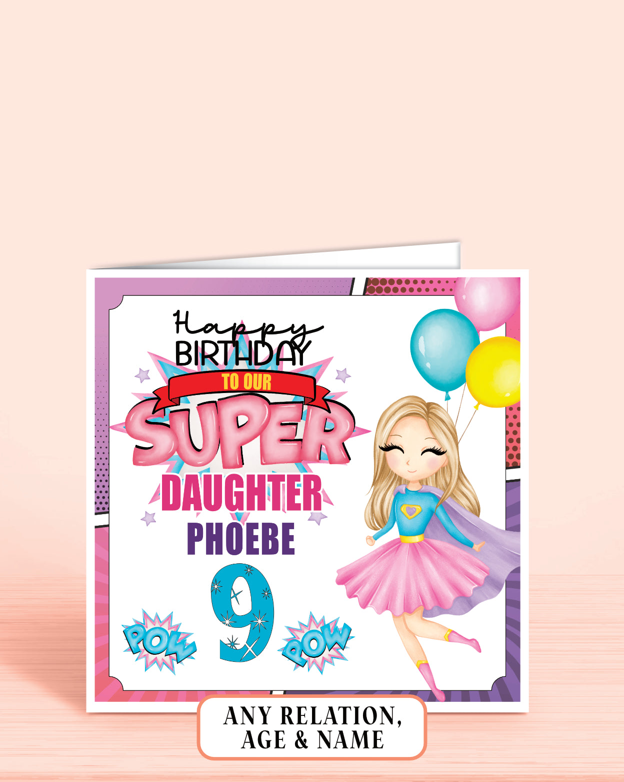 Daughter Birthday Card, 9th Birthday Card for Daughter, Super Hero Girls Birthday Card with Blonde Hair | Oliver Rose Designs