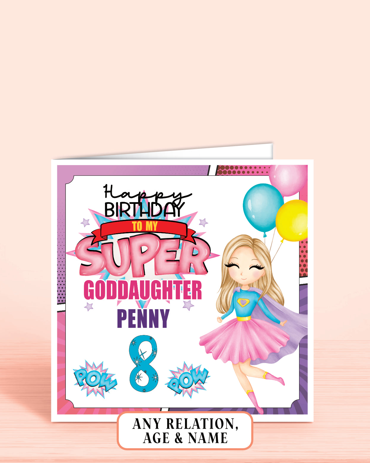 Goddaughter Birthday Card, 8th Birthday Card for Godchild, Super Hero Girls Birthday Card with Blonde Hair | Oliver Rose Designs