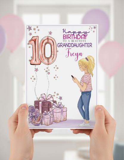 Lifestyle image of hands holding Girl on Phone 10th Birthday Card, Granddaughter | Oliver Rose Designs