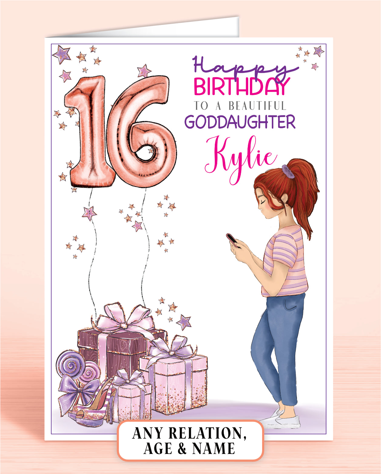 Goddaughter birthday card, RED AUBURN HAIR, teenager birthday card, pink and purple card for someone special, daughter, granddaughter, niece, cousin, sister | Oliver Rose Designs