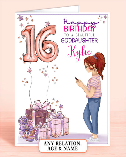 Goddaughter birthday card, RED AUBURN HAIR, teenager birthday card, pink and purple card for someone special, daughter, granddaughter, niece, cousin, sister | Oliver Rose Designs