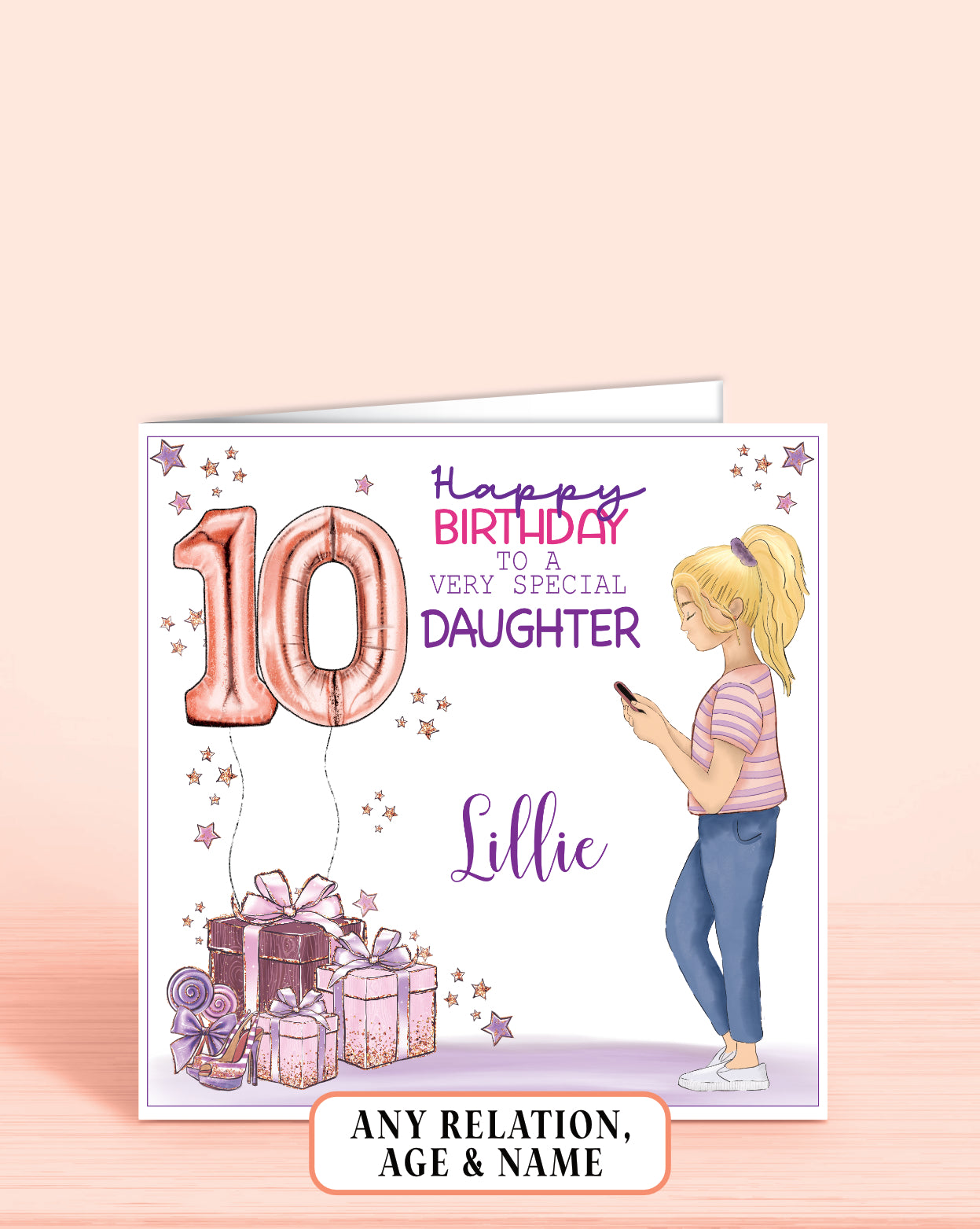 10th birthday card, BLONDE HAIR, teenager birthday card, pink and purple card for someone special, daughter, granddaughter, niece, cousin, sister