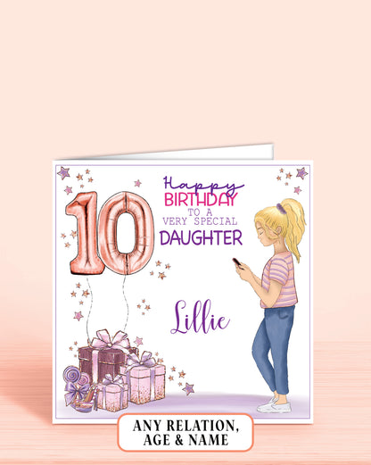 10th birthday card, BLONDE HAIR, teenager birthday card, pink and purple card for someone special, daughter, granddaughter, niece, cousin, sister