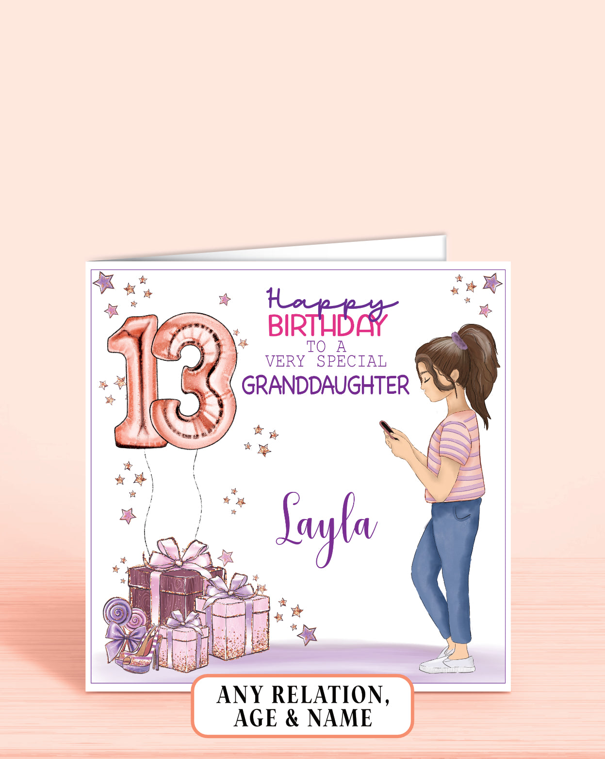 13th birthday card, BROWN HAIR, teenager birthday card,  pink and purple card for someone special, daughter, granddaughter, niece, cousin, sister