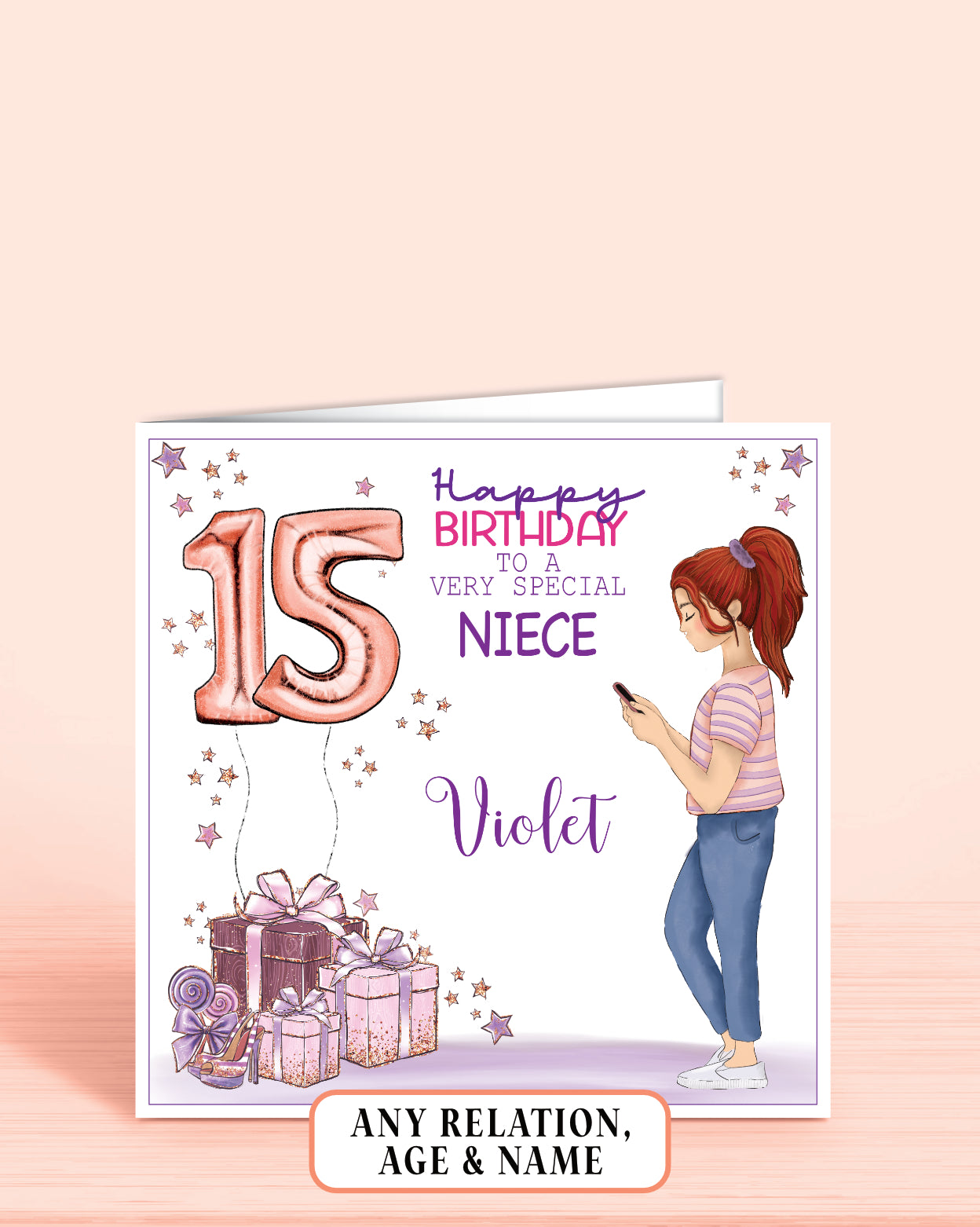 Niece birthday card, RED AUBURN HAIR, teenager birthday card, pink and purple card for someone special, daughter, granddaughter, niece, cousin, sister | Oliver Rose Designs