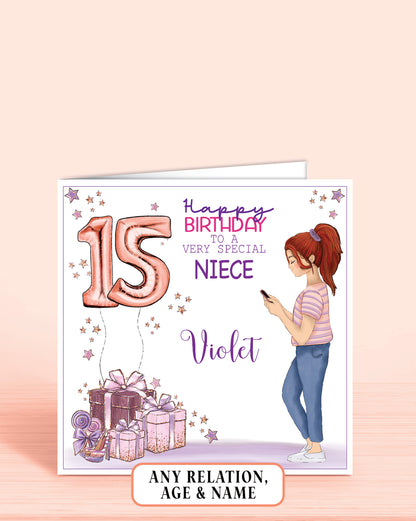 Niece birthday card, RED AUBURN HAIR, teenager birthday card, pink and purple card for someone special, daughter, granddaughter, niece, cousin, sister | Oliver Rose Designs