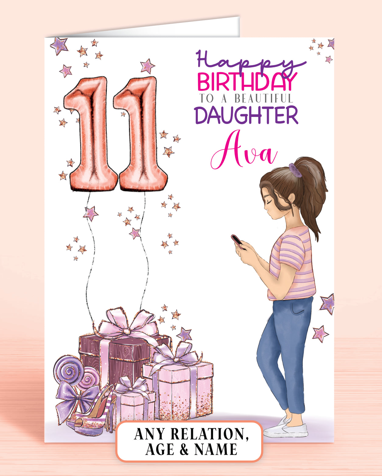 Teengirl Daughter 11th Birthday Card Personalised with BROWN HAIR, Pink & Purple | OLIVER ROSE DESIGNS