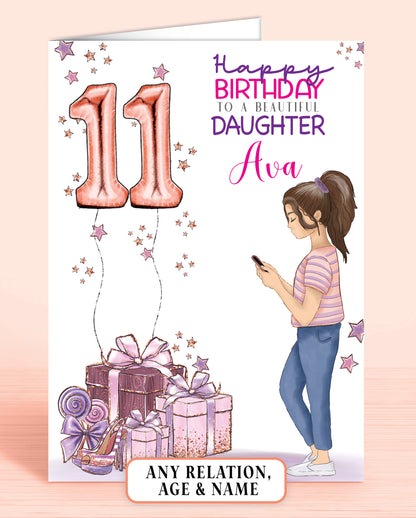 Teengirl Daughter 11th Birthday Card Personalised with BROWN HAIR, Pink & Purple | OLIVER ROSE DESIGNS