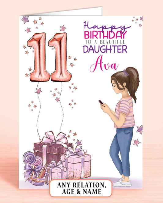 Teengirl Daughter 11th Birthday Card Personalised with BROWN HAIR, Pink & Purple | OLIVER ROSE DESIGNS