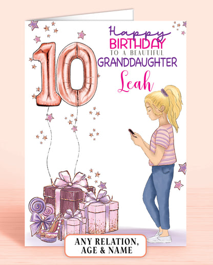 Girl on Phone Granddaughter 10th Birthday Card Personalised with BLONDE HAIR, Pink & Purple | OLIVER ROSE DESIGNS