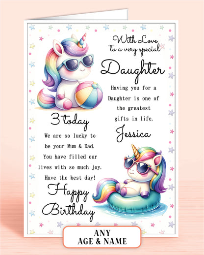 Daughter Birthday Card from Mum & Dad (or any other relation), 3rd Birthday Card (or any other age), Cute Beach Unicorns Design. Personalised with Childs Name if required | Oliver Rose Designs