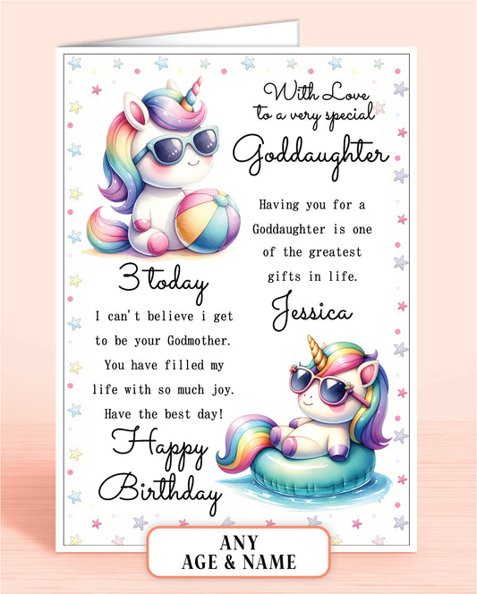 Goddaughter Birthday Card from Godmother (or any other relation), 3rd Birthday Card (or any other age), Cute Beach Unicorns Design. Personalised with Childs Name if required | Oliver Rose Designs