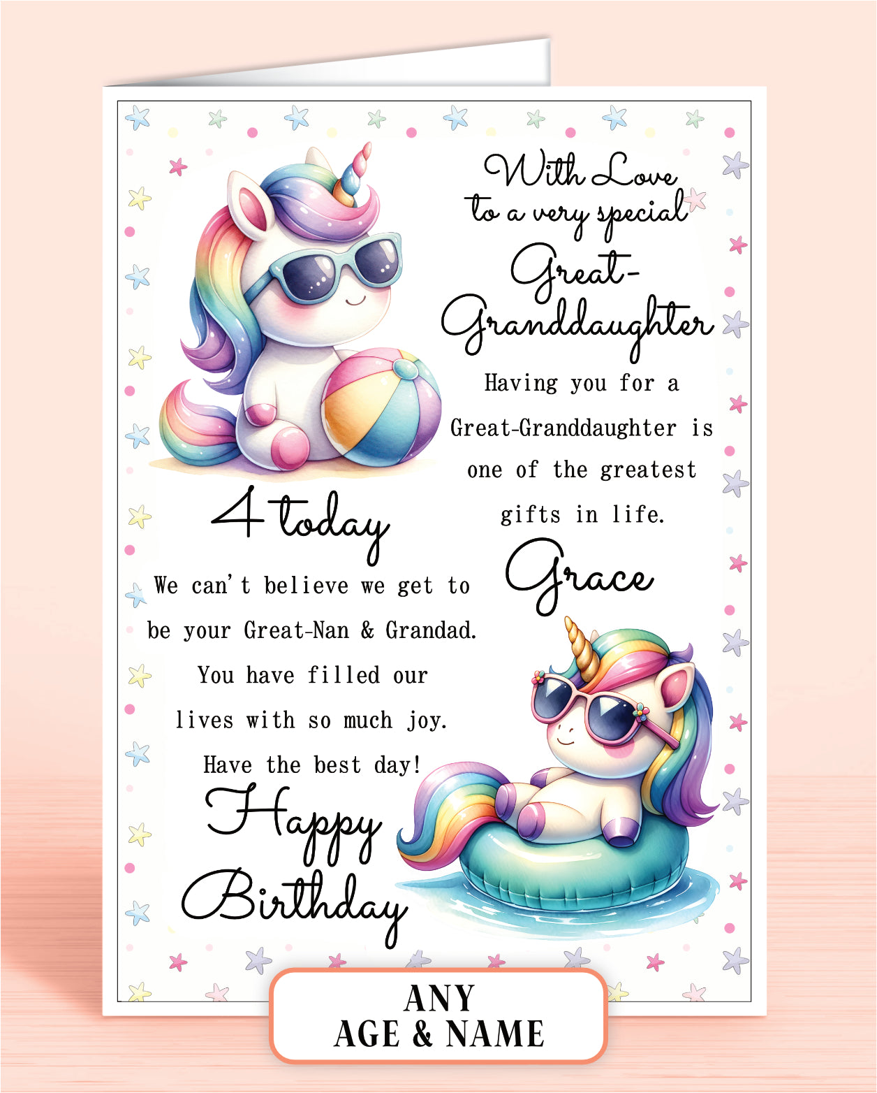 Great-Granddaughter Birthday Card from Great-Nan & Grandad, 4th Birthday Card (or any other age), Cute Beach Unicorns Design. Personalised with Childs Name if required | Oliver Rose Designs
