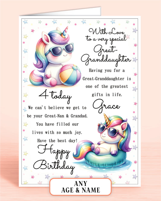Great-Granddaughter Birthday Card from Great-Nan & Grandad, 4th Birthday Card (or any other age), Cute Beach Unicorns Design. Personalised with Childs Name if required | Oliver Rose Designs