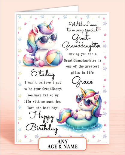 Great-Granddaughter Birthday Card from Great-Nanny, 6th Birthday Card (or any other age), Cute Beach Unicorns Design. Personalised with Childs Name if required | Oliver Rose Designs