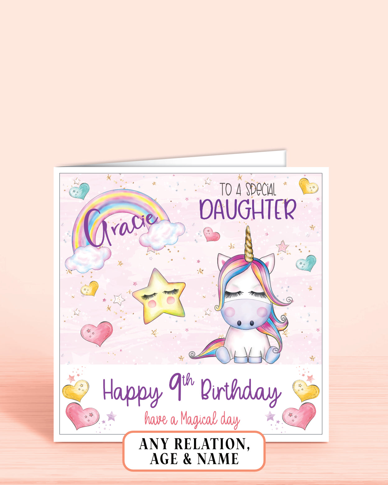 Birthday card for Daughter with a unicorn and rainbow design on a pink background