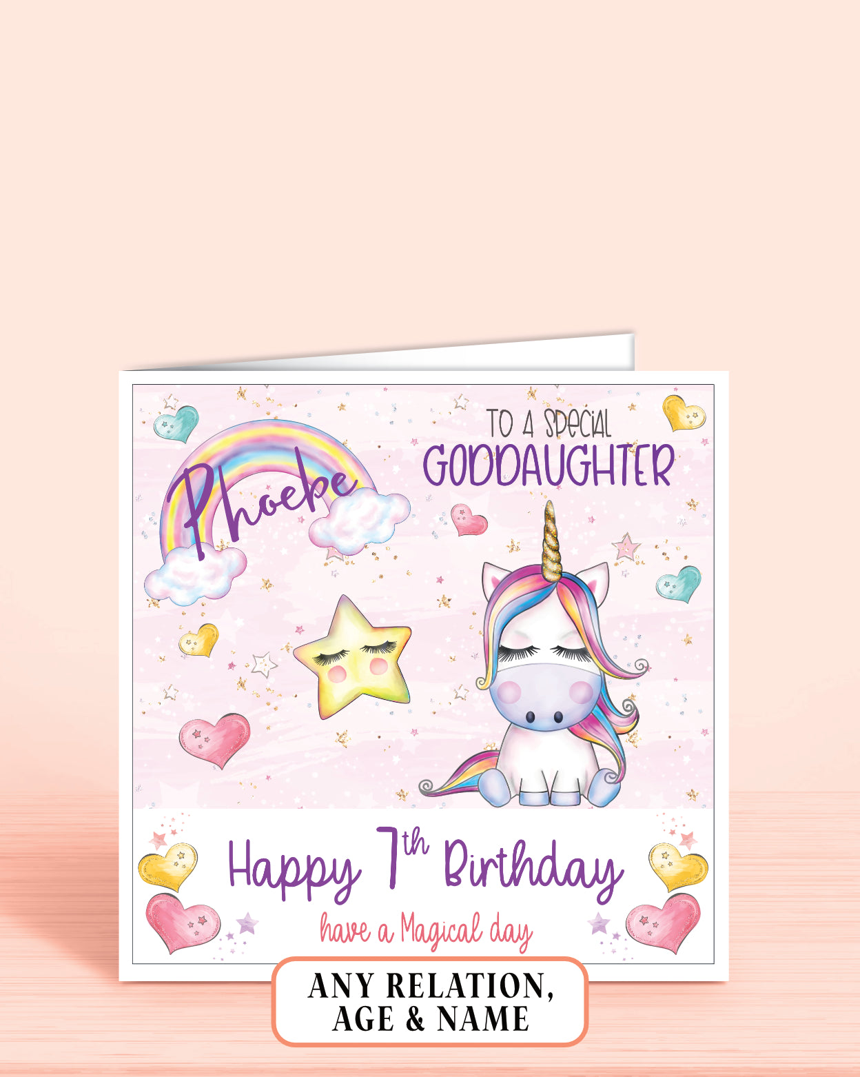 Birthday card for Goddaughter with a unicorn and rainbow design on a pink background