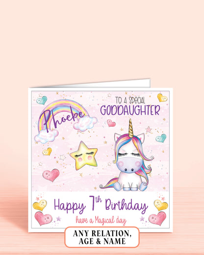 Birthday card for Goddaughter with a unicorn and rainbow design on a pink background