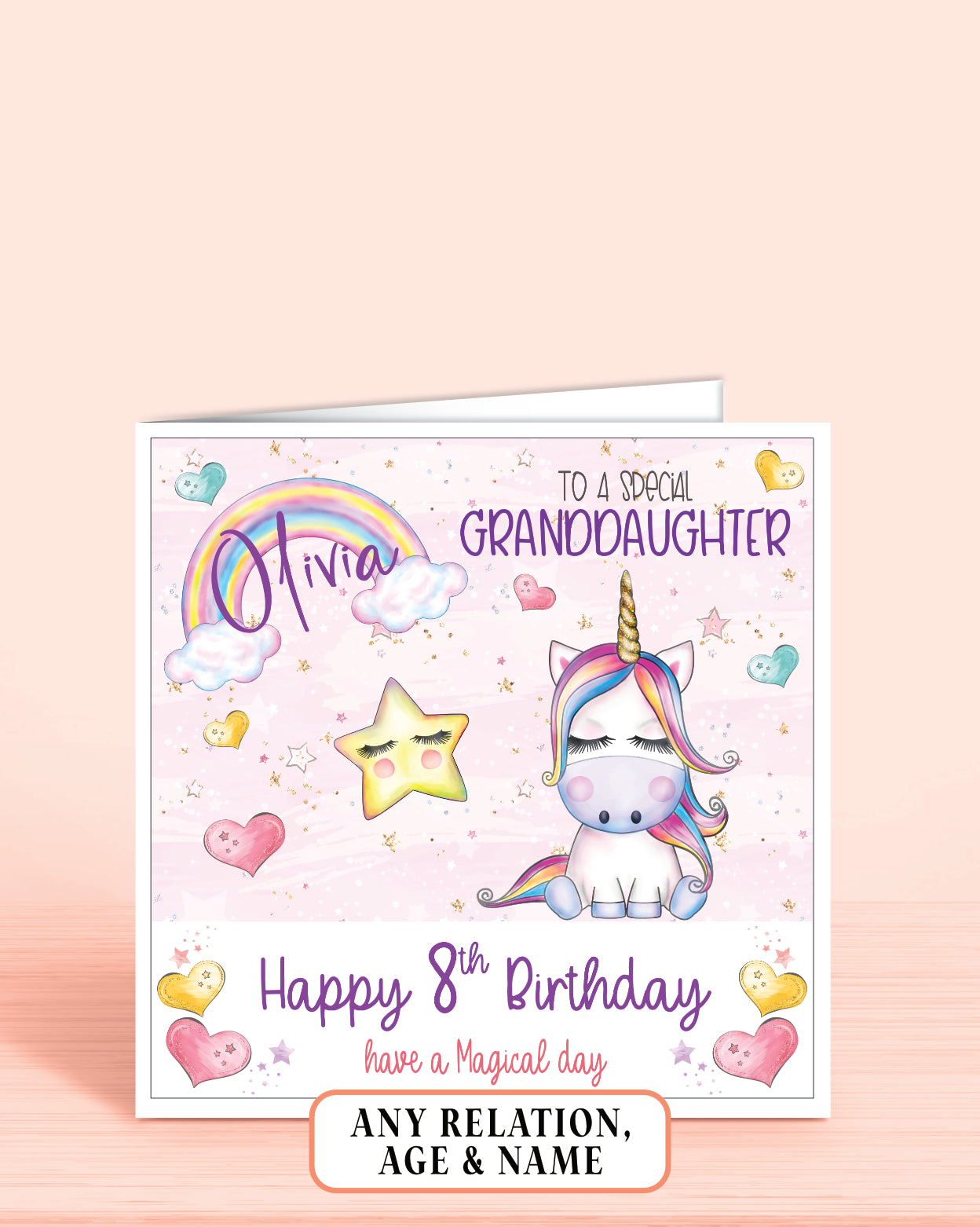 Birthday card for Granddaughter with a unicorn and rainbow design on a pink background
