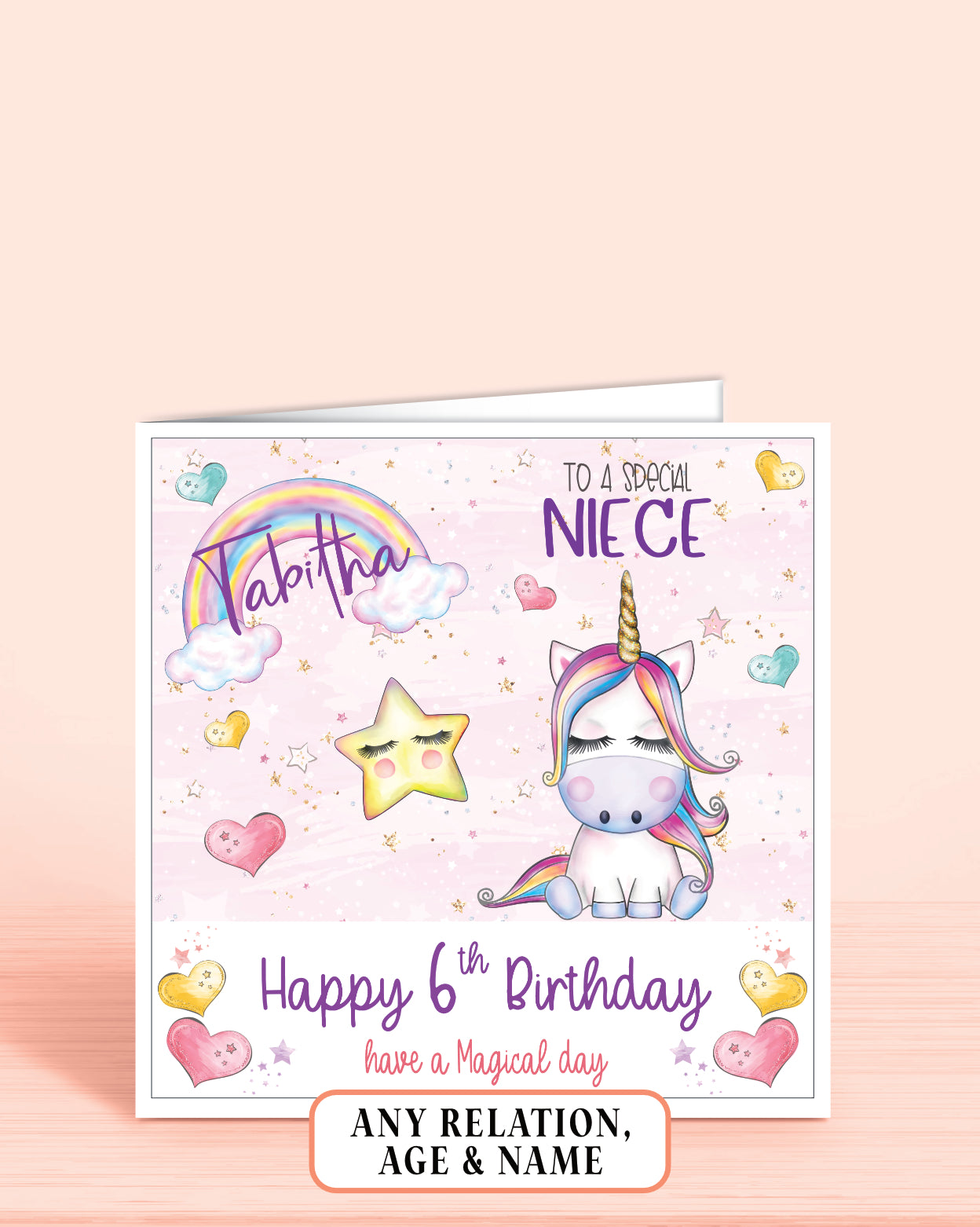 Birthday card for Niece with a unicorn and rainbow design on a pink background