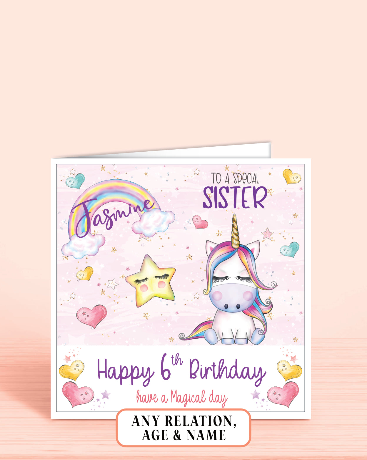 Birthday card for Sister with a unicorn and rainbow design on a pink background