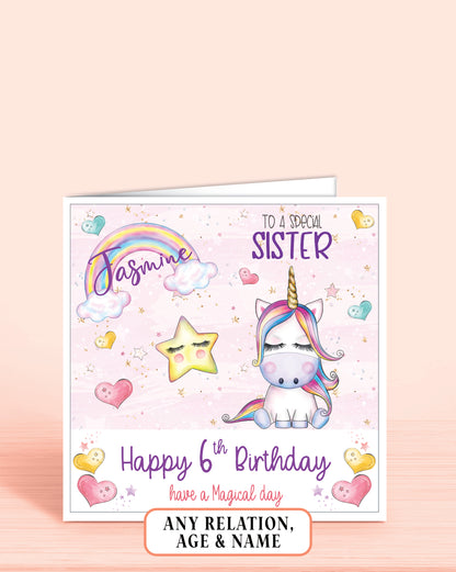 Birthday card for Sister with a unicorn and rainbow design on a pink background