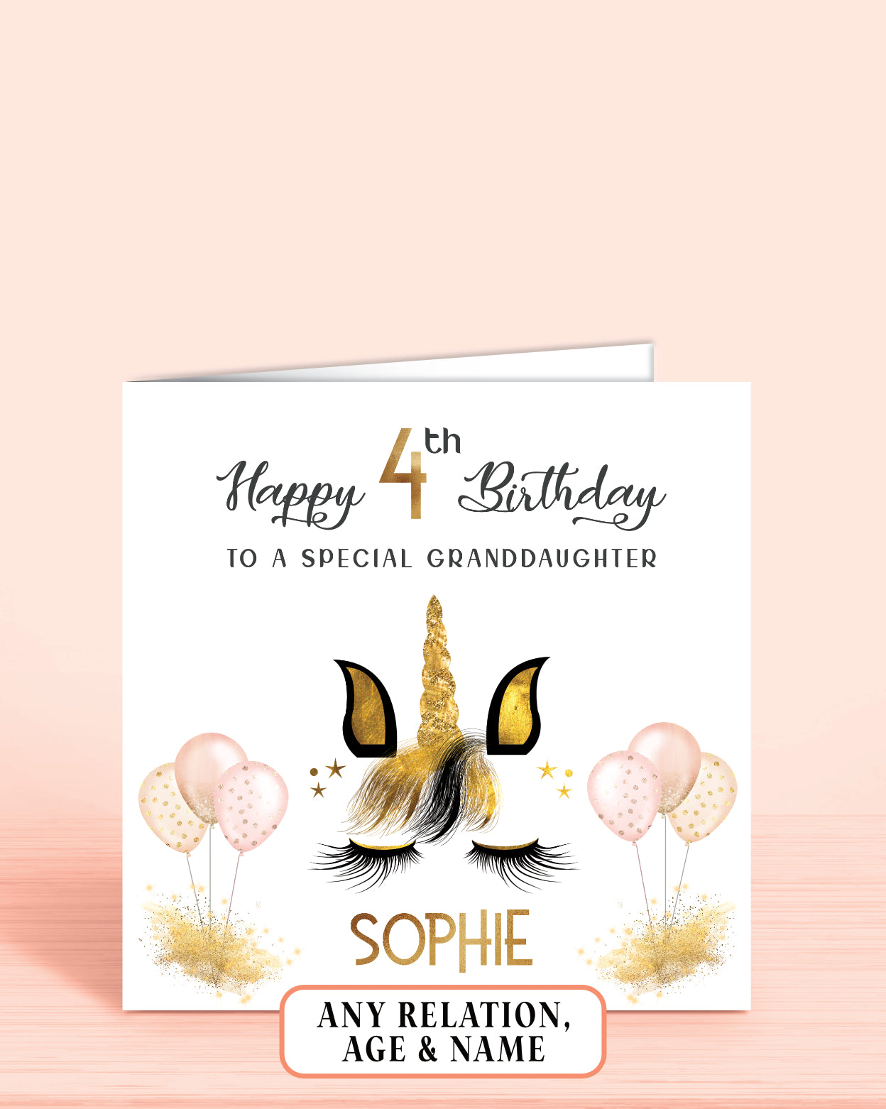4th Birthday card for a special granddaughter with unicorn design and pink balloons with personalised name