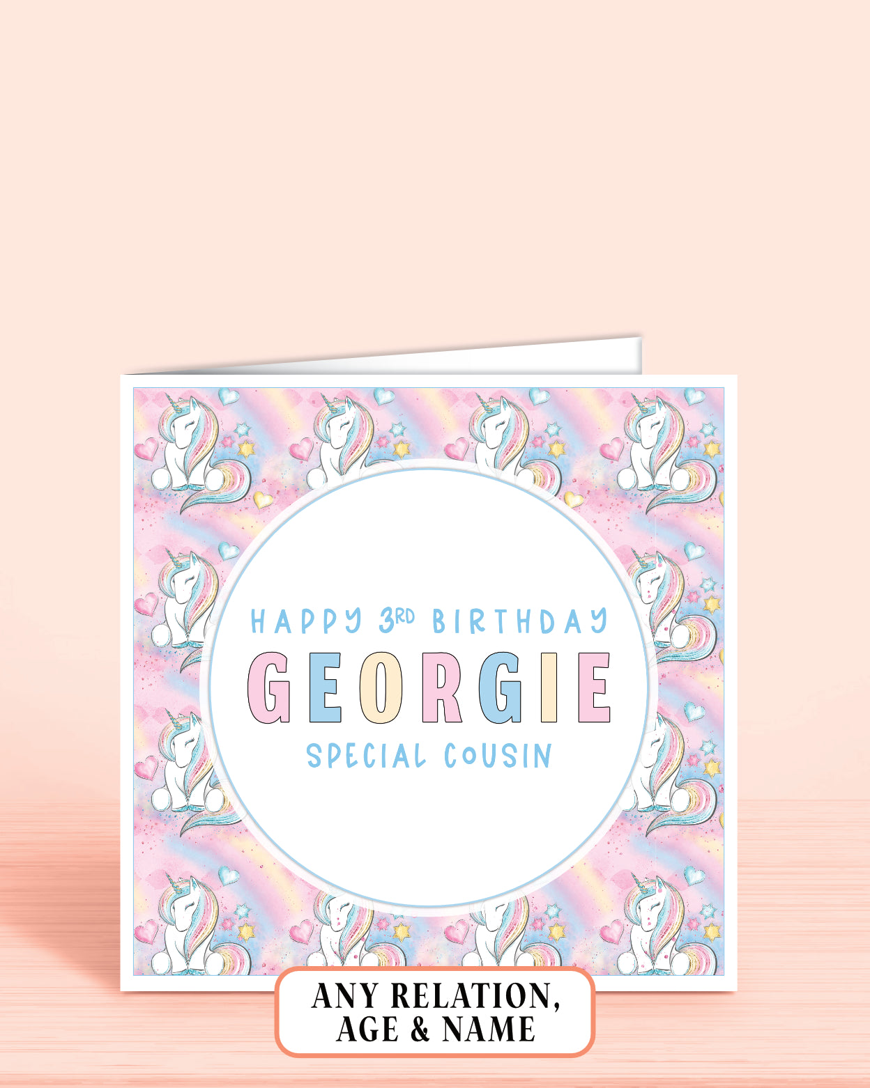Cousin Birthday Card, 3rd Birthday Card for Cousin, Custom Girls Pink Unicorn Personalised Birthday Card for Girls, Any Age, Any Relation & Add a Name | Oliver Rose Designs