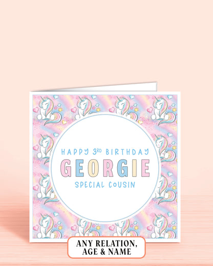 Cousin Birthday Card, 3rd Birthday Card for Cousin, Custom Girls Pink Unicorn Personalised Birthday Card for Girls, Any Age, Any Relation & Add a Name | Oliver Rose Designs