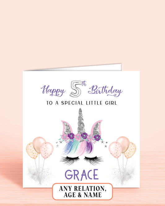 Little Girl Birthday Card, Personalised 5th Birthday Card for Little Girl, Girls Unicorn Design | Oliver Rose Designs