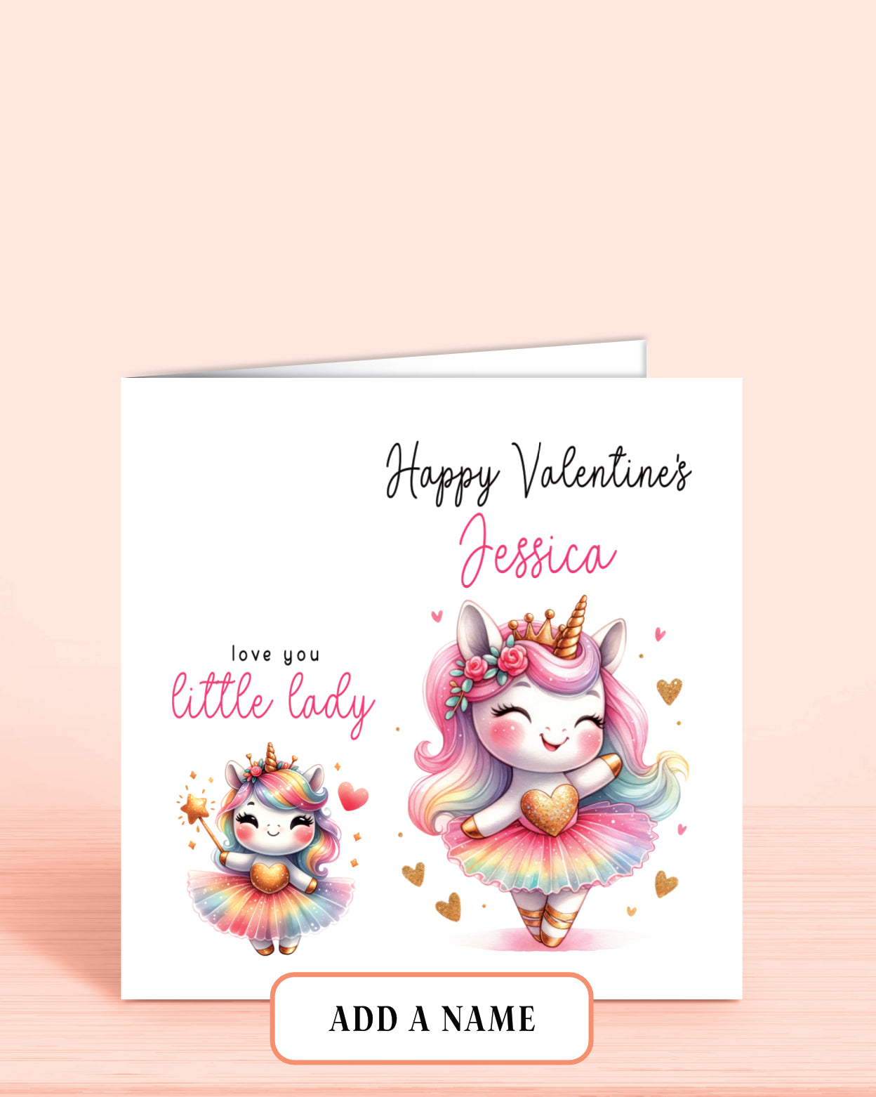 A Valentine's Day Card for a Daughter, Niece, Granddaughter or Goddaughter with an illustration of two cute unicorns in matching outfits.
Wording: Happy Valentine's [Child's Name], love you little lady