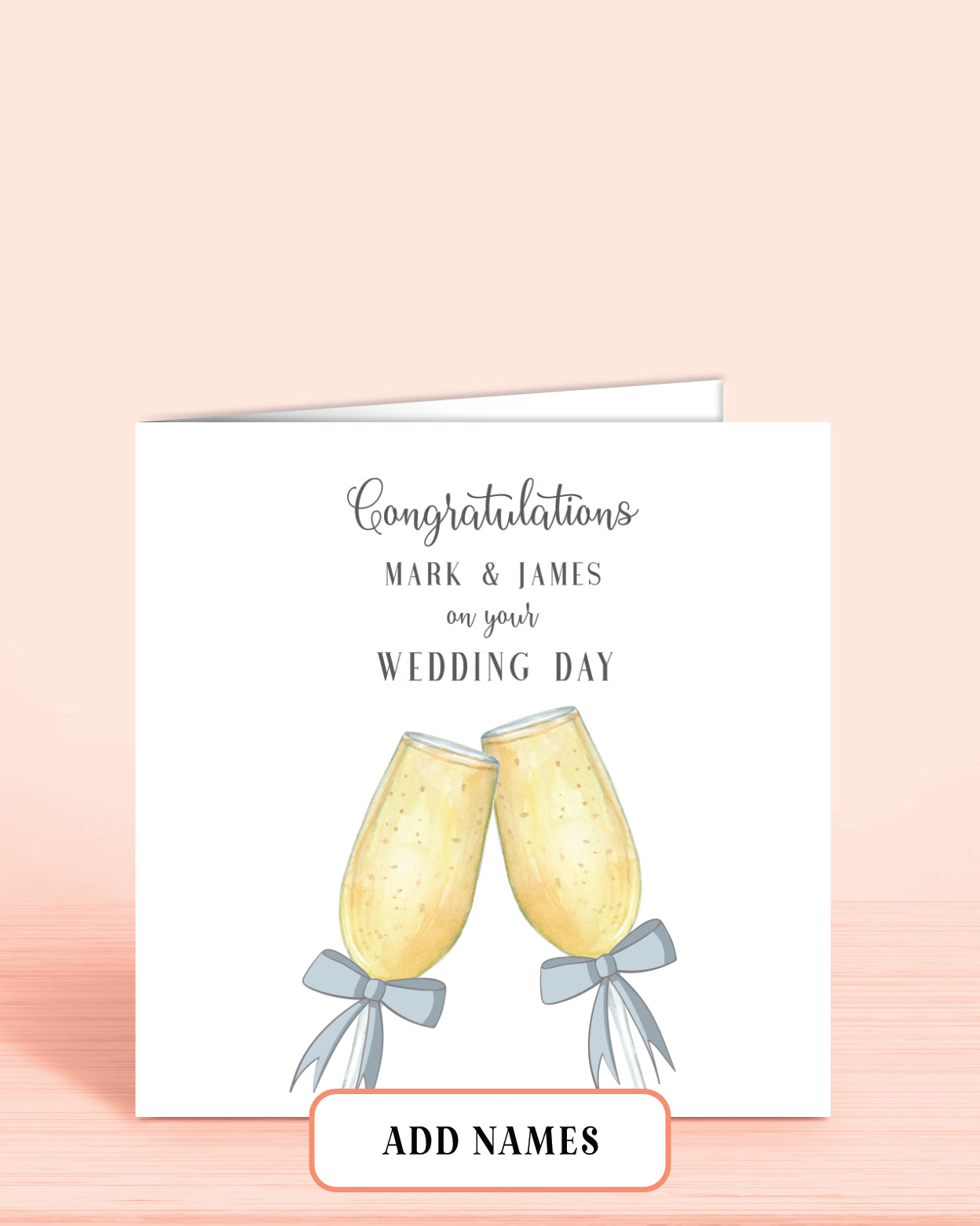Wedding Day card with Printed Champagne Glasses with Blue Bows. Words on front: Congratulations [Couples Names] on your Wedding Day.