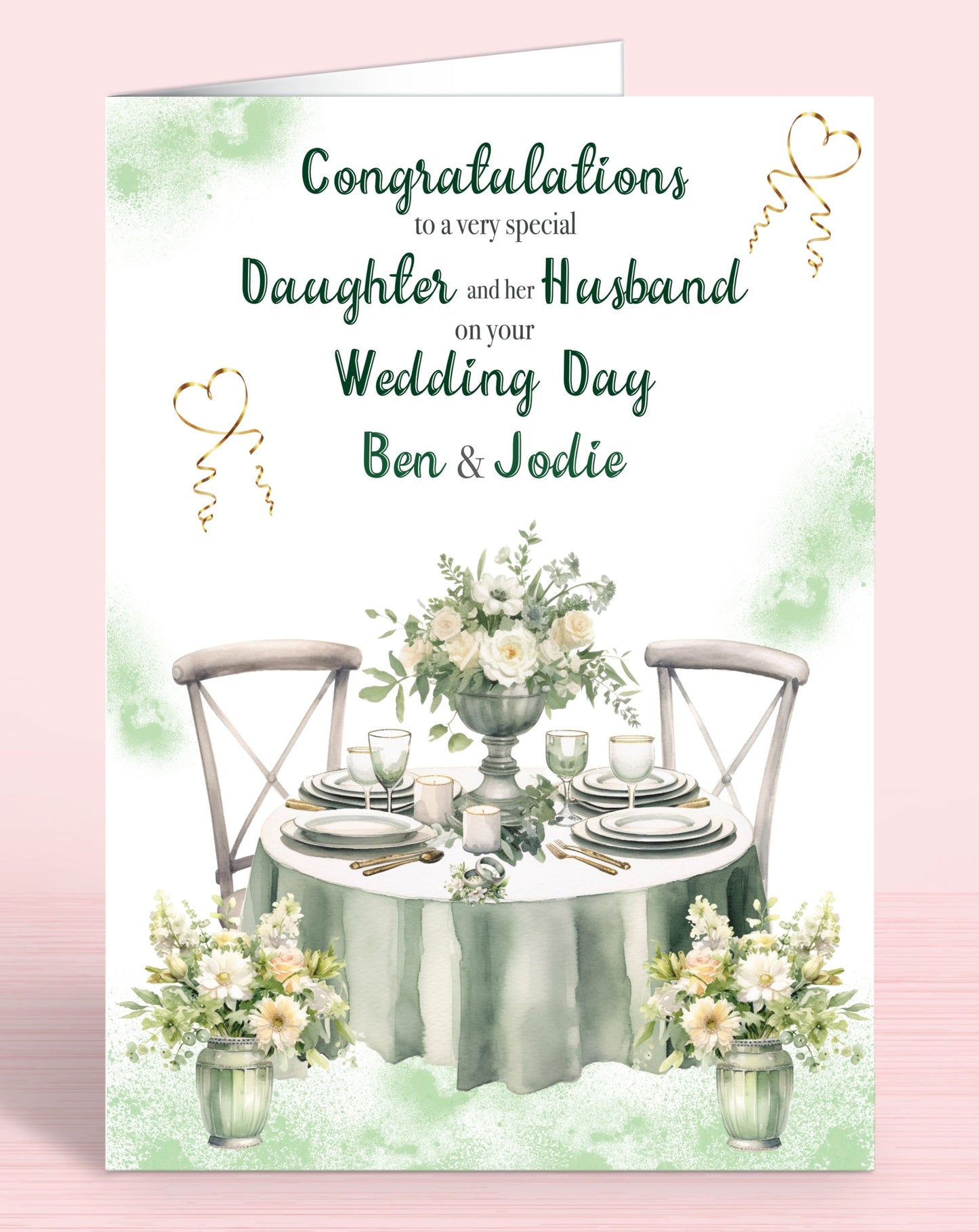 Daughter Personalised Wedding Day Card, Congratulations to a very special Daughter and her Husband on your Wedding Day, Green | Oliver Rose Designs