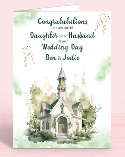 Daughter and her Husband Personalised Wedding Day Card, Congratulations to a very special Daughter on your Wedding Day, Green | Oliver Rose Designs