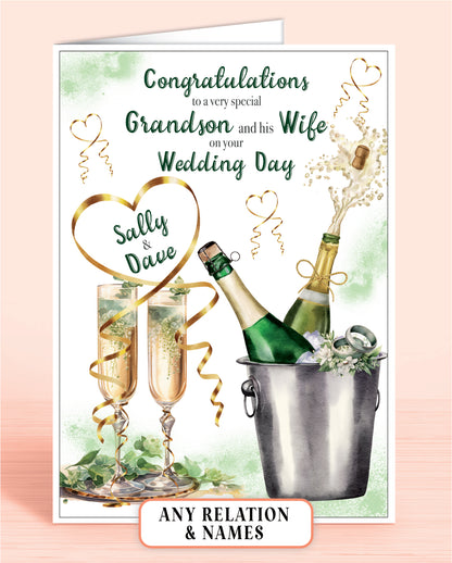 Grandson & his Wife Personalised Wedding Day Card, Congratulations to a very special Grandson on your Wedding Day, Green | Oliver Rose Designs