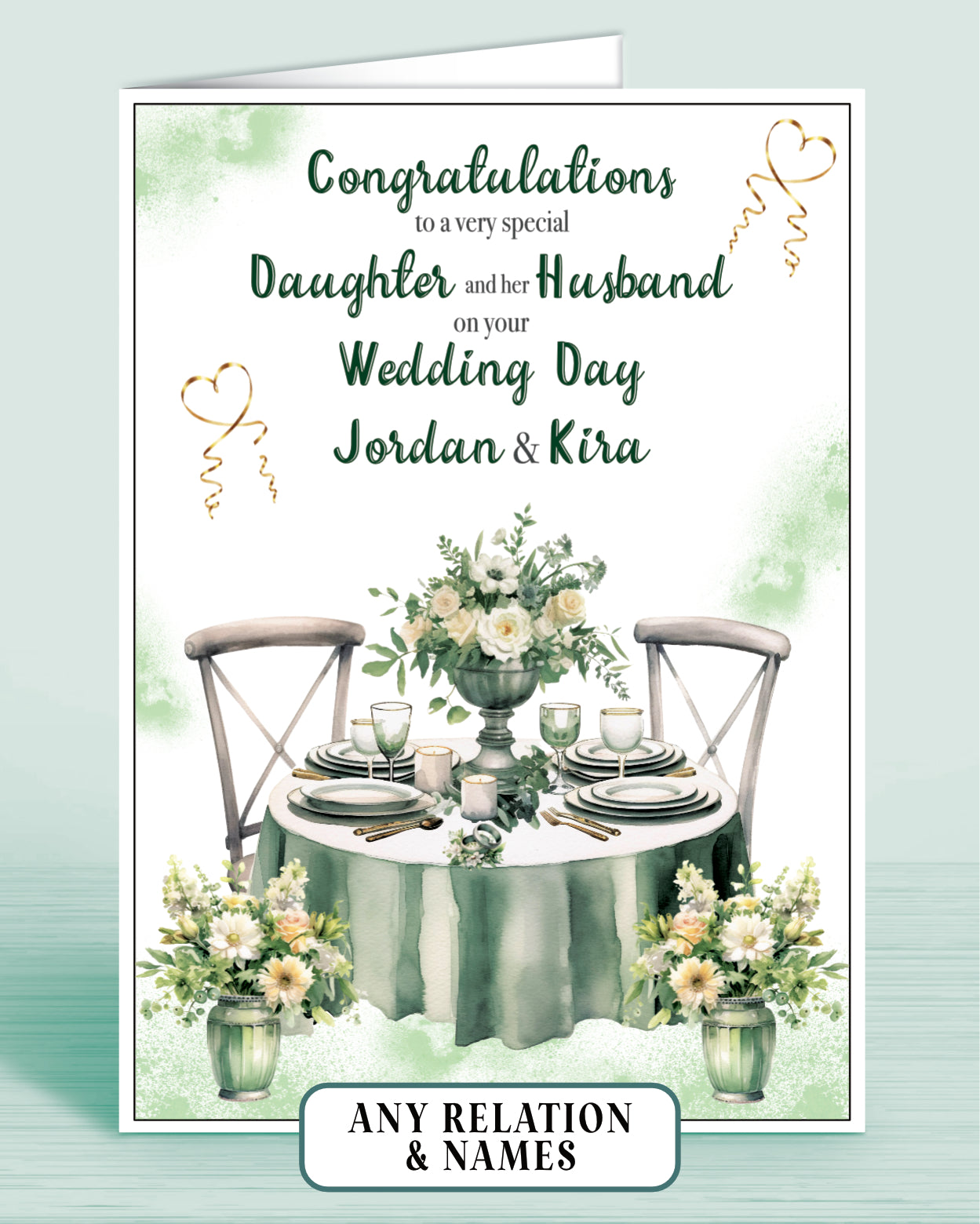 Daughter & her Husband Personalised Wedding Day Card, Congratulations to a very special Daughter on your Wedding Day, Green | Oliver Rose Designs
