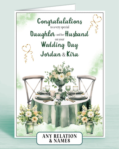Daughter & her Husband Personalised Wedding Day Card, Congratulations to a very special Daughter on your Wedding Day, Green | Oliver Rose Designs