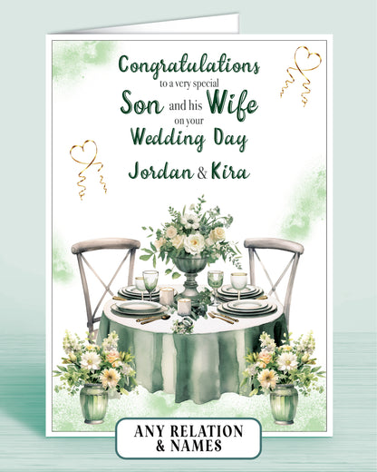 Son & his Wife Personalised Wedding Day Card, Congratulations to a very special Son on your Wedding Day, Green | Oliver Rose Designs