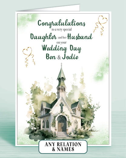 Daughter & her Husband Personalised Wedding Day Card, Congratulations to a very special Daughter on your Wedding Day, Green | Oliver Rose Designs