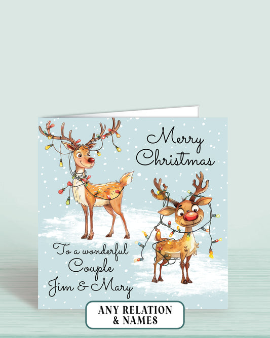 Quirky Reindeer Fun Christmas Card with 2 mischievous Reindeer, card front reads: Merry Christmas (top right) and your choice of words bottom left, picture show example as: To a wonderful Couple, Jim & Mary | Oliver Rose Designs