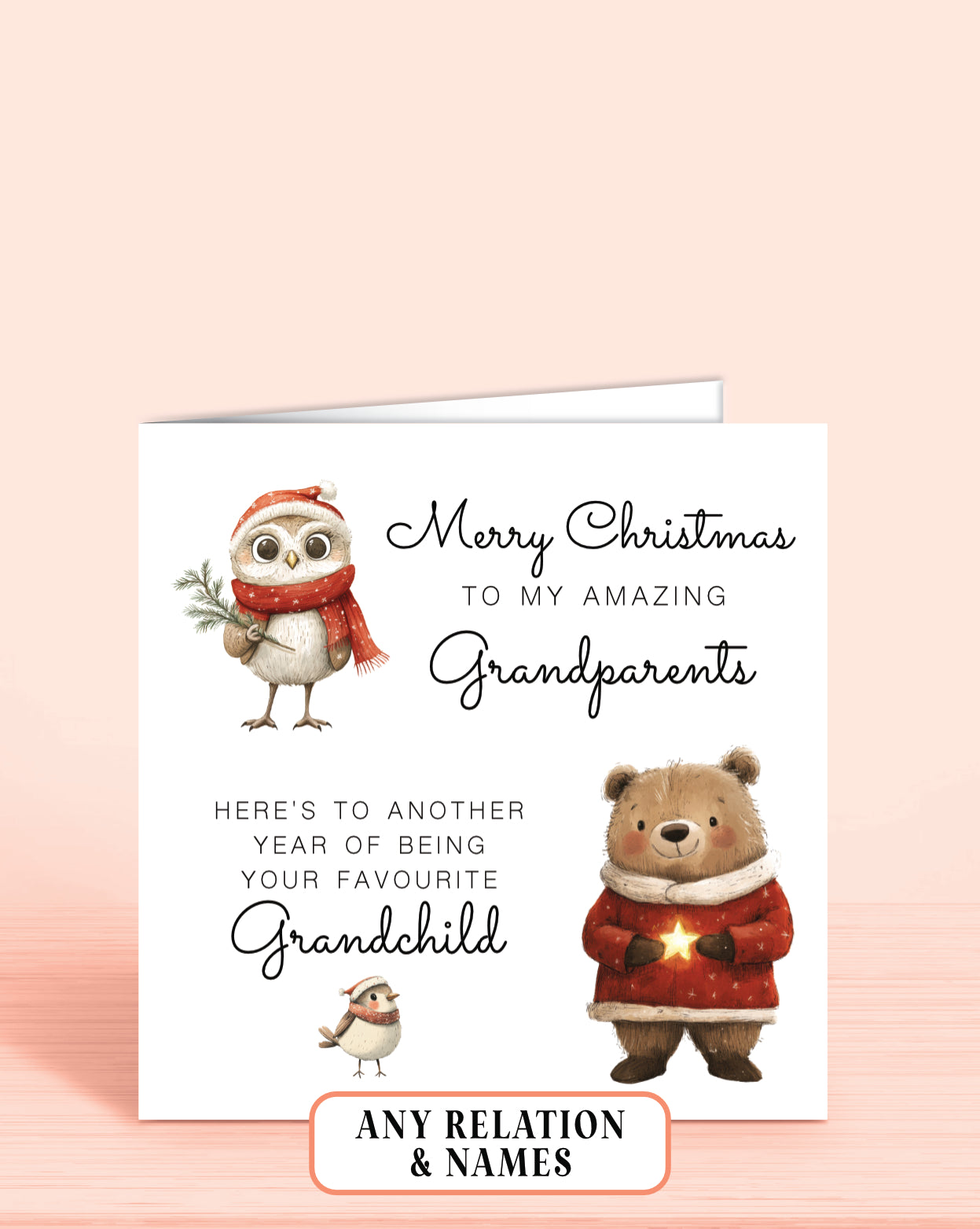 Grandparents Christmas Card with Cheeky Message of: Merry Christmas to my amazing Grandparents, Here's to another year of being your favourite Grandchild. by Oliver Rose Designs