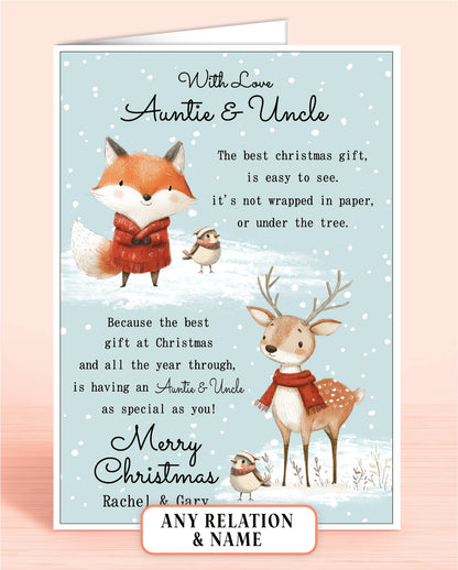 Auntie & Uncle Personalised Christmas card with fox, deer, and robins on a light blue snowy background